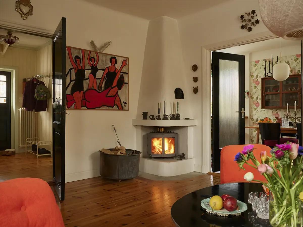 Wood-burning stove in a Swedish home