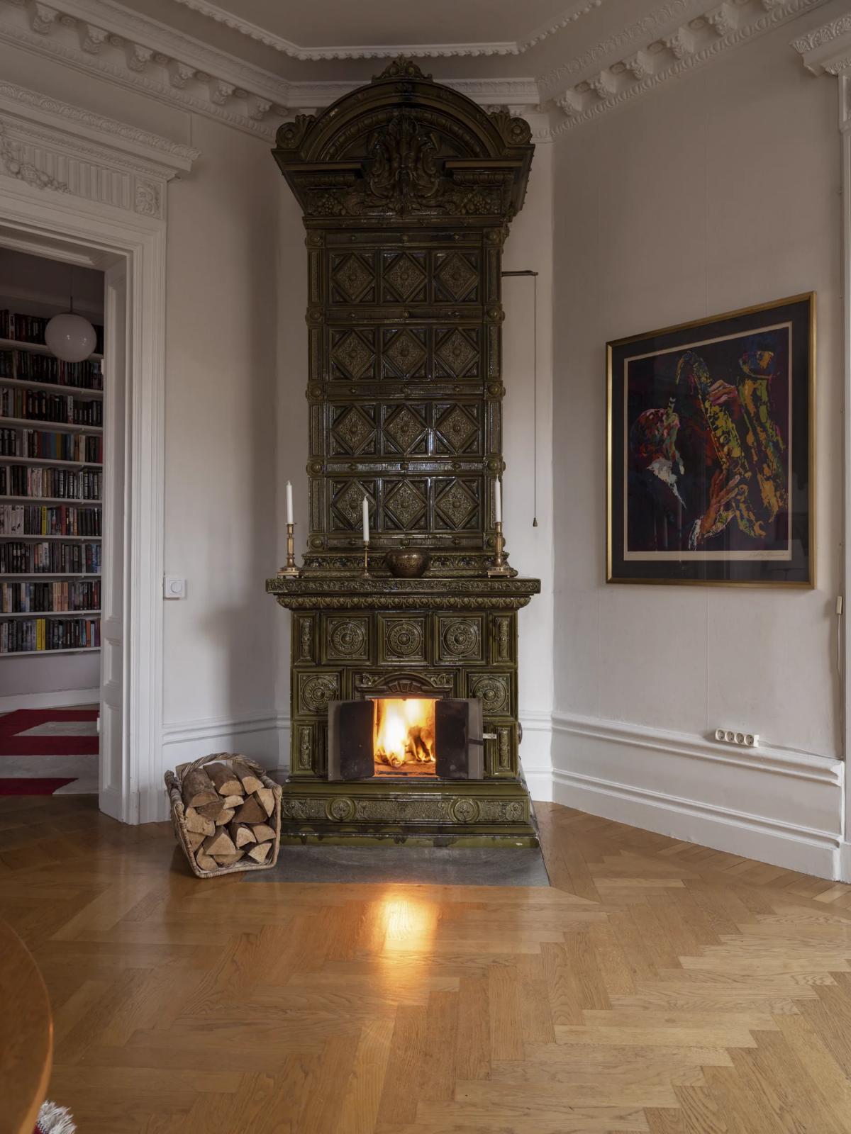 Traditional Swedish kakelugn in a historic apartment