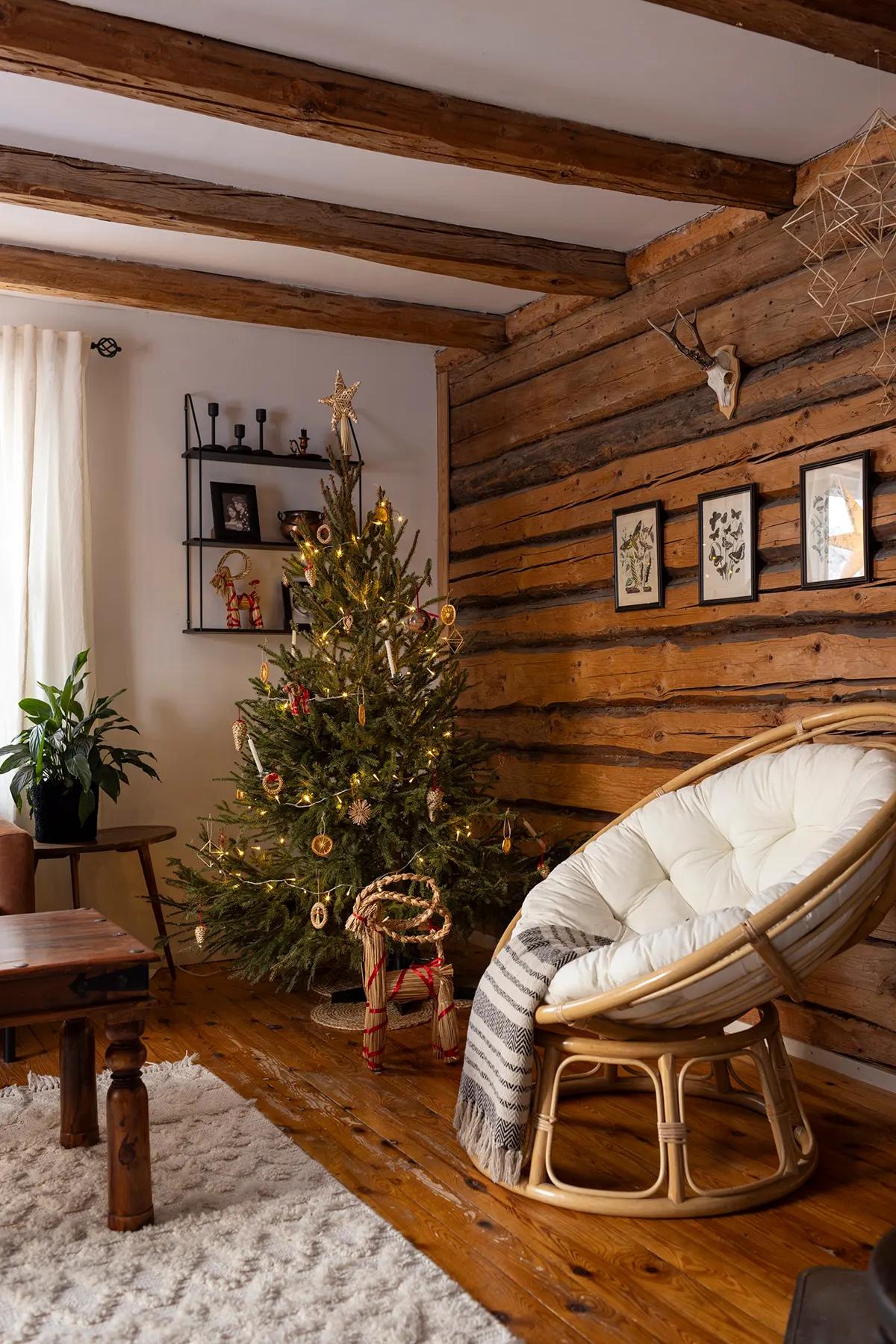 Christmas tree decorated with orange-slice ornaments in a living room with a rattan chair