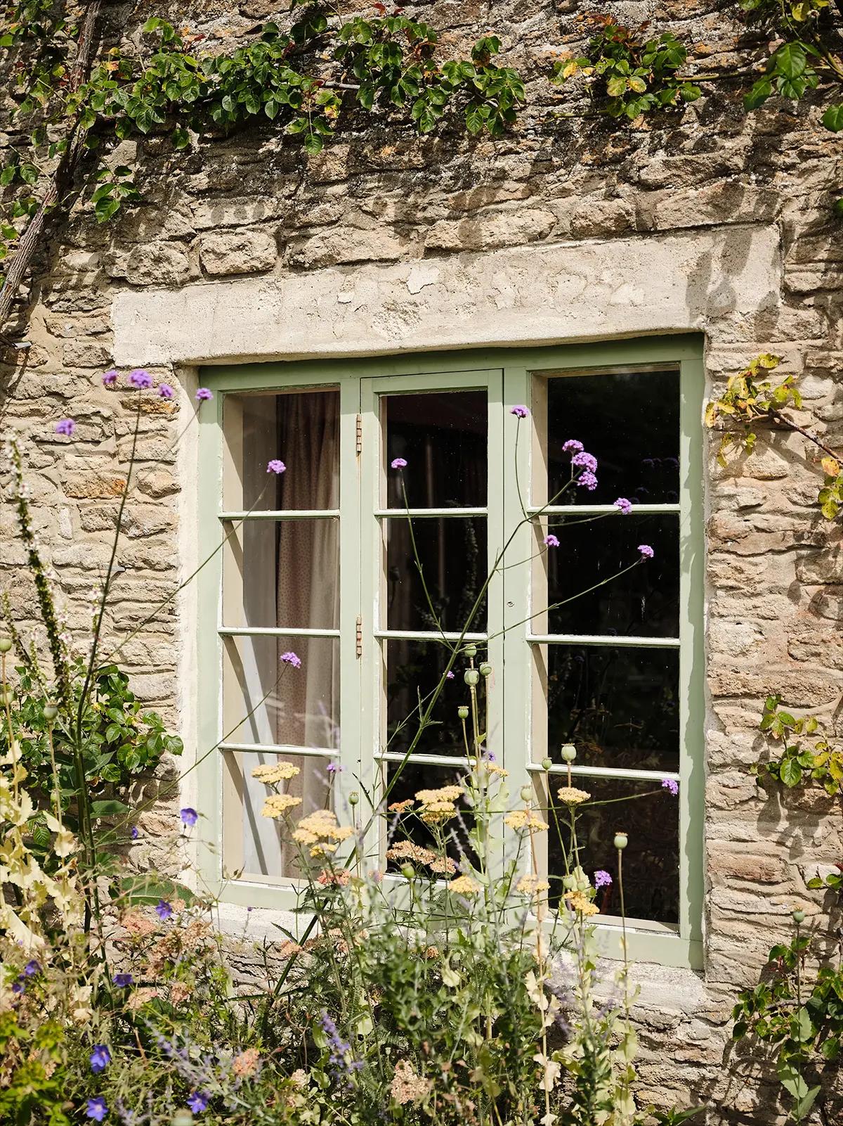 Cotswold cottage window framed by climbing flowers and plants