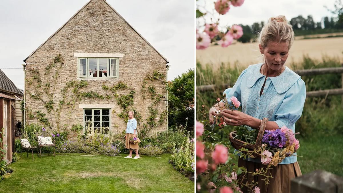 Alexandra Tolstoy standing in front of her Cotswold cottage / Gathering flowers into a basket